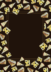 Hand-drawn frame ornament border: Italian and Swiss cheeses on dark background. Great idea for menu booklet, food delivery flyer or restaurant ads, cards or stickers, presentation slides. A4 size