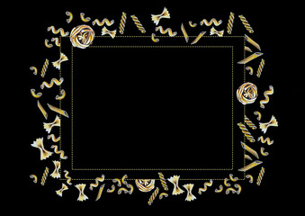 Hand-drawn frame ornament border: Italian pasta background on black. Great idea for menu booklet, food delivery flyer or restaurant ads, cards or stickers, presentation slides. A4 A5 A6 size