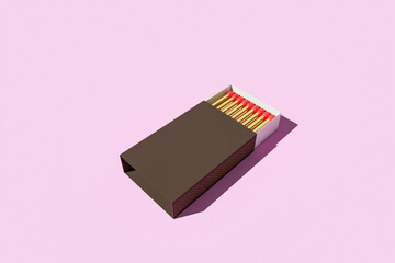 matches in a matchbox. isolated on pink background. 3d rendered.