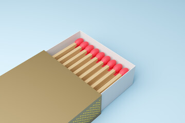 matches in a matchbox. isolated on blue background. 3d rendered.