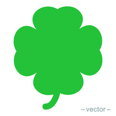 Green shamrock clover vector icon. Shamrock clover isolated, flat decorative element. Solid icon style. Logo illustration.