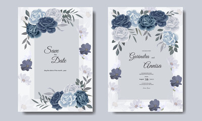  Elegant wedding invitation card template with  floral and leaves  navy blue  Premium Vector