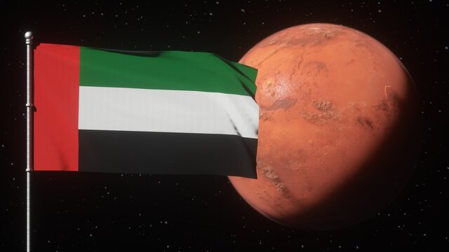 United Arab Emirates Flag In Mars Orbit. Emirates Mars Mission Concept.