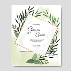  Wedding invitation card template set with tropical leaves decoration Premium Vector