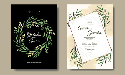 Fototapeta na wymiar Wedding invitation card template set with tropical leaves decoration Premium Vector