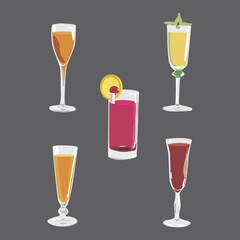 Drink glass vector. Five refreshing syrup drinks. Full color drink set.