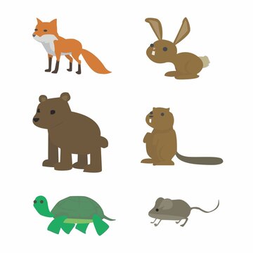 Vector set of animals with cartoon style. Foxes, rabbits, turtles, mice, bears.