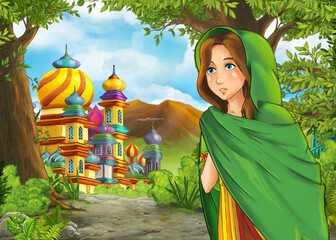 Cartoon nature scene with beautiful castle with princess - illustration