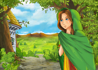 Cartoon nature scene with beautiful castle with princess - illustration