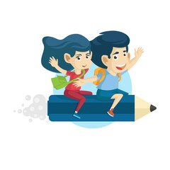 children riding pencil back to school line drawing vector illustration