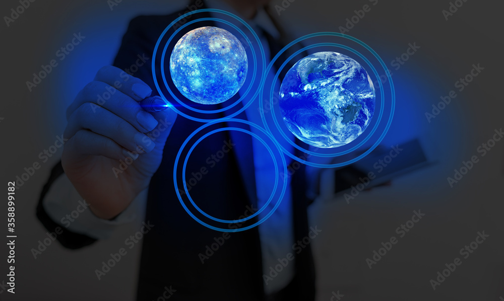 Poster digital image of distant solar system showing global technology networks. elements of this image fur