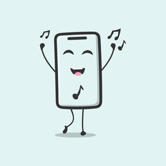 Listening music with dancing Cartoon smartphone character with sad expression vector illustration