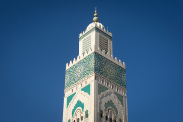 Fototapeta premium The Hassan II Mosque in Casablanca, Morocco. Interior and Exterior. The largest mosque in Morocco and the 7th largest in the world on Dec 2019. Built solely on public money donations of Moroccans.