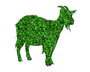 Goat with 2 Rams green glitter isolated on white background,  vintage retro alpine animal farming animal