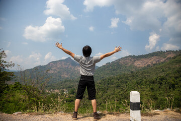 Asia man in bermuda shorts and t-shirt, outdoor activity concept