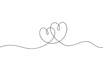 Continuous line drawing of love sign with two hearts embrace minimalism design on white background. EPS 10