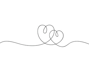 Continuous line drawing of love sign with two hearts embrace minimalism design on white background. EPS 10