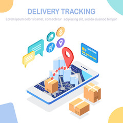 Order tracking. Isometric 3d mobile phone with delivery service app. Shipping of box, package, cargo transportation. Vector cartoon design