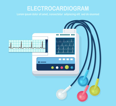 ECG machine isolated on background. Electrocardiogram monitor for diagnosis human heart with EKG graph. Medical equipment for hospital with chart of heartbeat rhythm. Vector flat design 