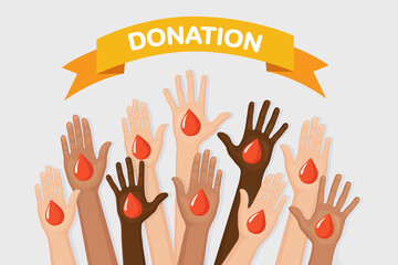 Raised hands with heart isolated on white background. Volunteering, charity, donate blood concept. Thank for care. Vote of crowd. Vector flat design