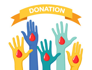 Fototapeta premium Raised hands with heart isolated on white background. Volunteering, charity, donate blood concept. Thank for care. Vote of crowd. Vector flat design