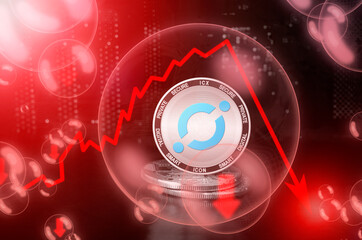 ICON ICX coin in a soap bubble. Risks and dangers of investing to ICON cryptocurrency. Collapse of the exchange rate. Unstable concept. Down drop crash bubble