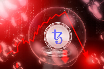 Tezos XTZ coin in a soap bubble. Risks and dangers of investing to Tezos cryptocurrency. Collapse of the exchange rate. Unstable concept. Down drop crash bubble