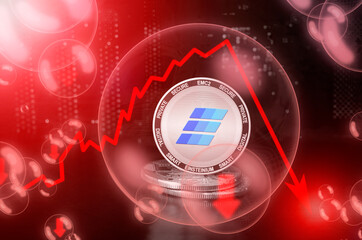 Einsteinium EMC2 coin in a soap bubble. Risks and dangers of investing to Einsteinium cryptocurrency. Collapse of the exchange rate. Unstable concept. Down drop crash bubble