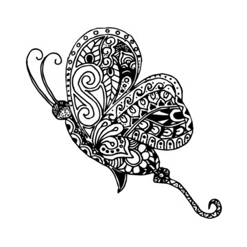 Hand drawn butterflies, front view image. Zentangle Art. Coloring page.