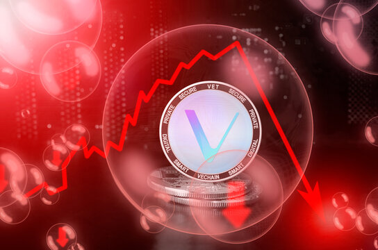 VeChain VET coin in a soap bubble. Risks and dangers of investing to VeChain cryptocurrency. Collapse of the exchange rate. Unstable concept. Down drop crash bubble