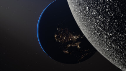 Crescent moon over Earth with the lights of North America Design elements is from NASA public domain earth and lunar maps.	