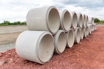 Concrete Drainage Pipe on a Construction Site.  Concrete drainage pipes stacked for construction....