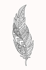 Patterned feather of a bird. Coloring. Doodle freehand illustration. Circuit. Black and white zentangle.