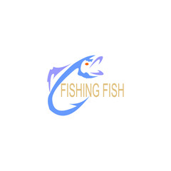 Fishing logo. Bass fish with rod club emblem. Fishing theme vector illustration. Isolated on white.