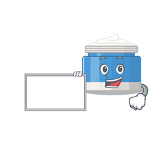 Cartoon character design of moisturizer cream holding a board