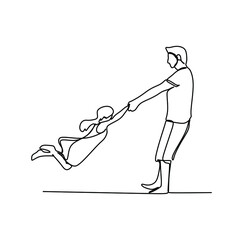 Father play swing his daughter. Continuous one line drawing art vector illustration