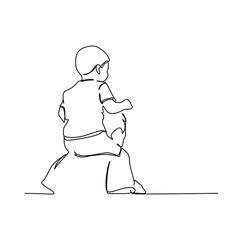 Young boy piggyback riding his dad. Continuous one line drawing art vector illustration