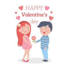 Romantic man giving flowers to his beloved woman in valentine's day illustration