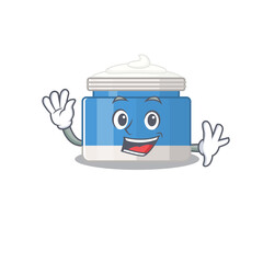 A charming moisturizer cream mascot design style smiling and waving hand