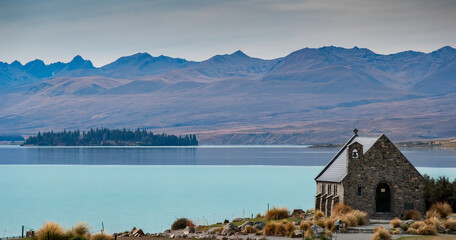 View Across Lake Tekapo from Church of the Good Shepherd, South Island, New Zealand - obrazy, fototapety, plakaty
