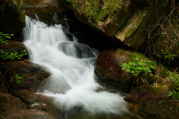 River Leça Waterfalls in Monte Cordova, Portugal. The river water runs down the big rocks of the mountain, under the green canopy of the trees in the spring