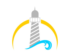 Gray lighthouse with blue waves