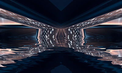 Night scene with reflection of neon light in the water. Liquid, puddles, flooding. Rays and lines in neon. Modern abstraction, night view. 3D illustration