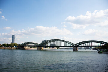 Fototapeta na wymiar View landscape and cityscape of Koln city with rhine river at Hohenzollern bridge for German people and foreigner travelers travel visit in September 10, 2019 in Cologne, Germany