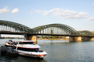 River cruise tours stop at port harbour in rhine river for send and receive german people and foreign travelers travel visit Koln city at Hohenzollern bridge on September 10, 2019 in Cologne, Germany
