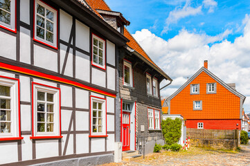 Fototapeta na wymiar It's Close view of a house in the Old town of Gorlar, Lower Saxony, Germany. Old town of Goslar is a UNESCO World Heritage