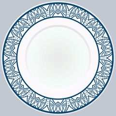 Decorative plate with round ornament in ethnic style. Fashion background with ornate dish. Vector illustration.