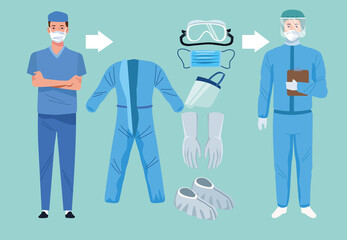doctors with biosafety equipment elements for covid19 protection