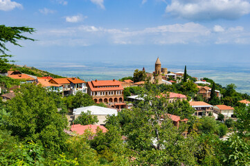 Fototapeta na wymiar It's Panoramic view of Sighnaghi, wine capital of Kakheti region in Georgia,