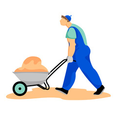 a working man with a wheelbarrow. vector illustration of a working man. a man carries sand in a wheelbarrow